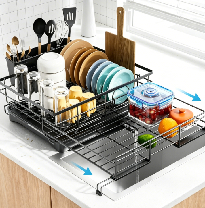 High-Capacity Expandable Dish Rack – Rustproof Stainless Steel Dish Organizer (Black)